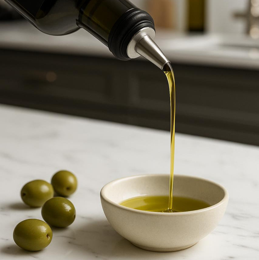 Olive oil being poured from a bottle into a bowl with olives on a marble surface.